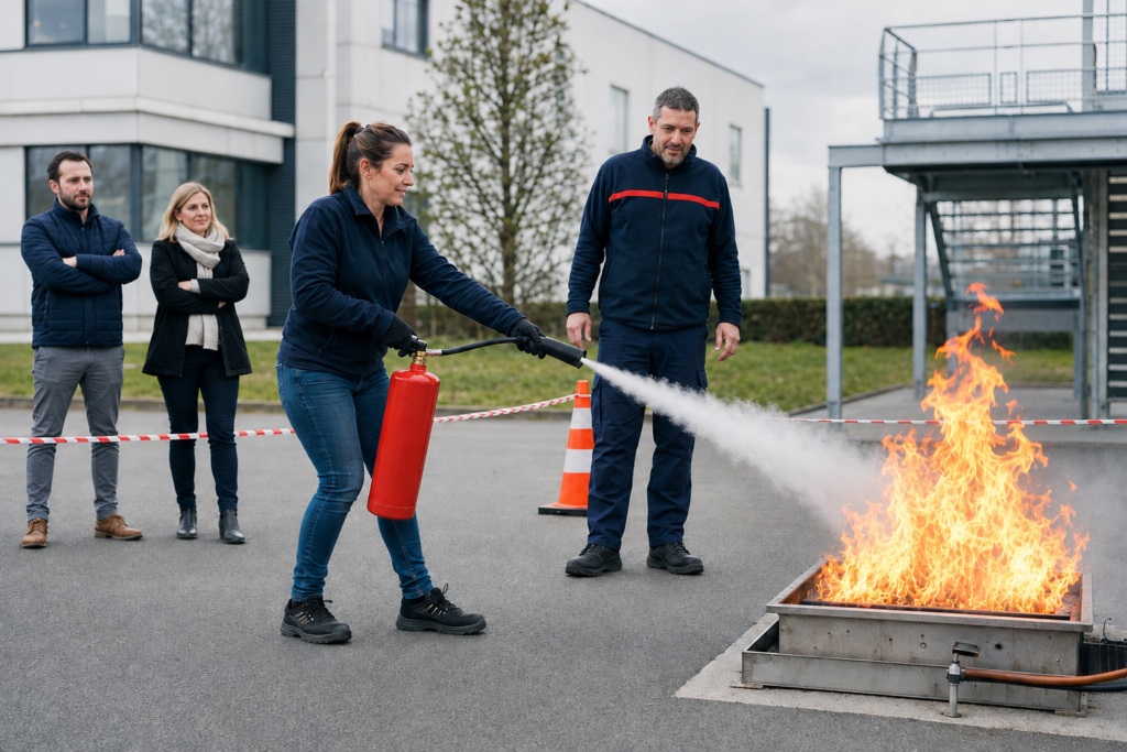 Formation d’équipier de première intervention utilisant un extincteur sur un feu réel