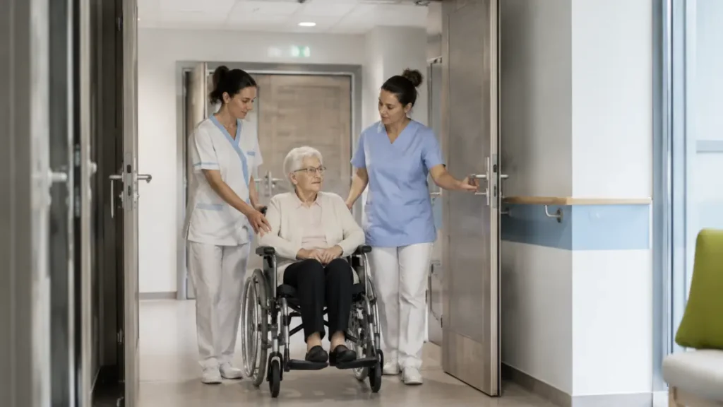 Exercice de transfert horizontal d’une résidente en fauteuil roulant dans un ERP